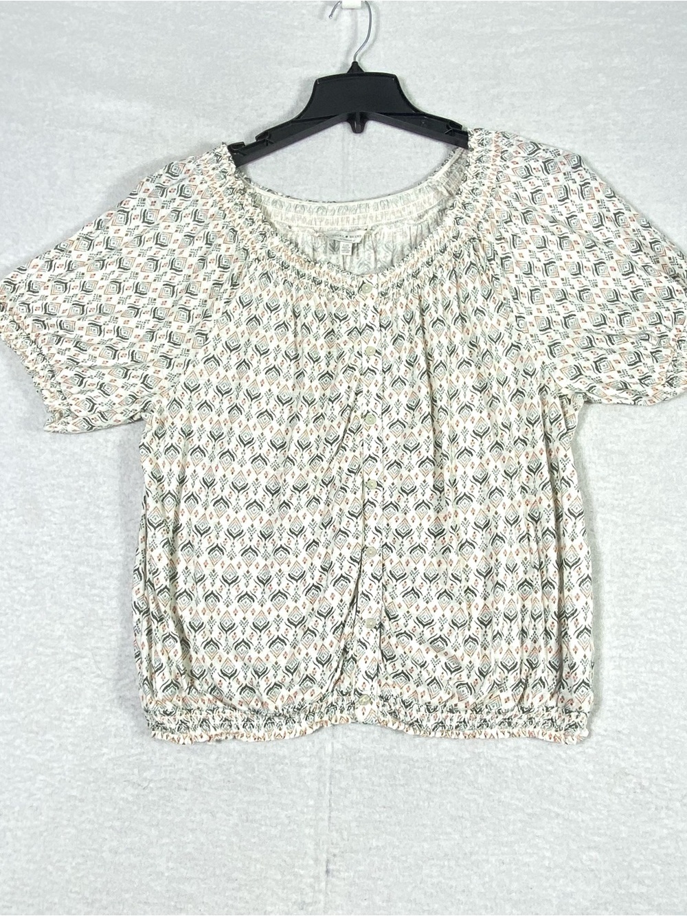 Lucky Brand Peasant Blouse Women's L Cream Geometric Aztec Boho Short Sleeve Top